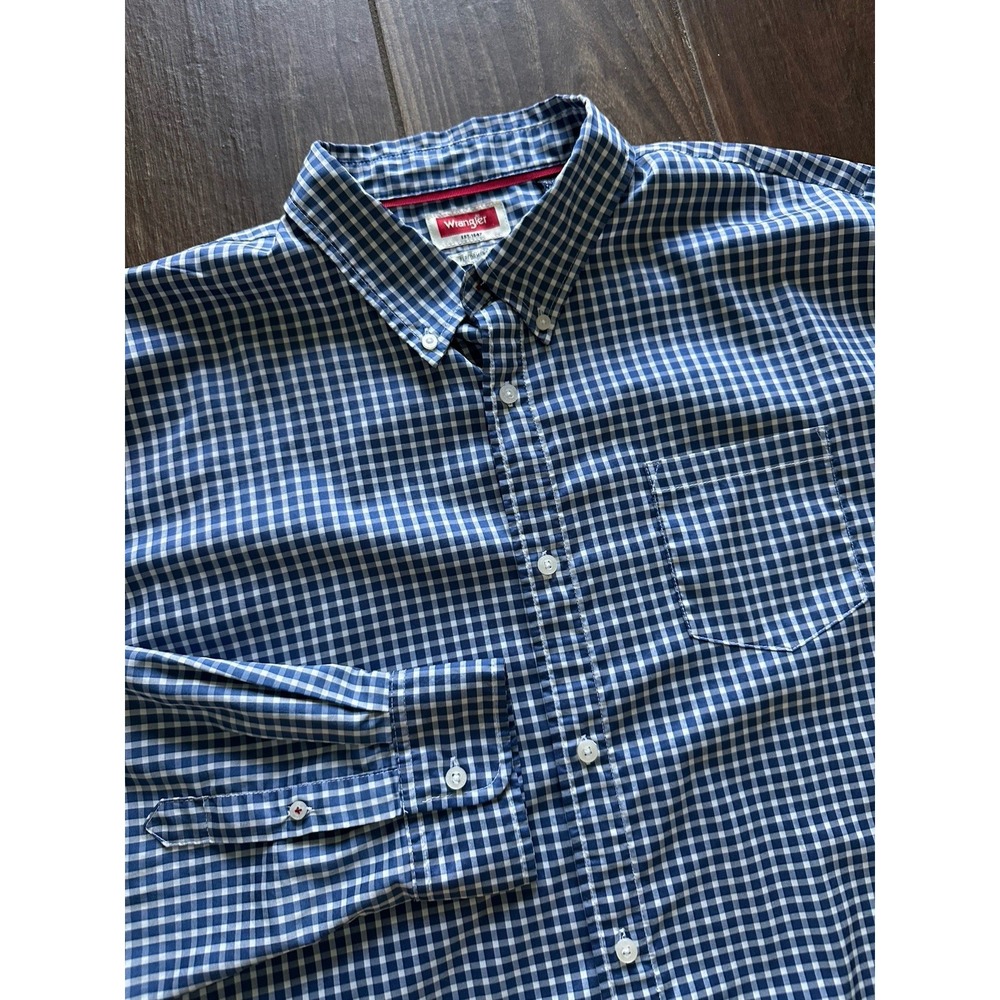 Wrangler Performance Mens 2XT‎ Blue Gingham Plaid Long Sleeve Button Down Shirt
